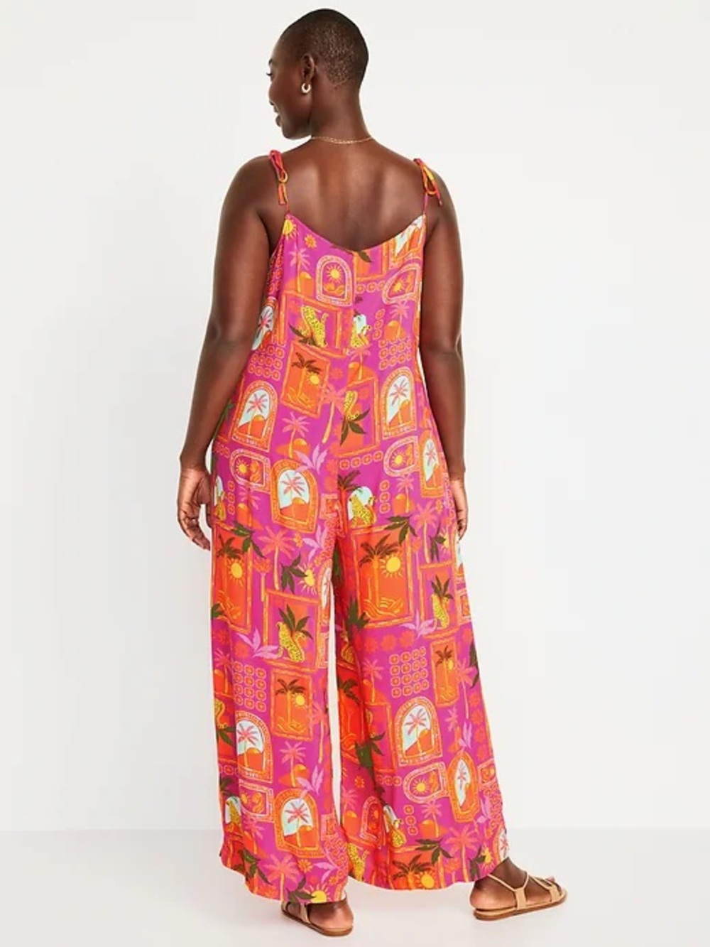 🐆 Bright Pink orange Tropical palm cheetah Print Wide-Leg Jumpsuit tie straps - Picture 2 of 8